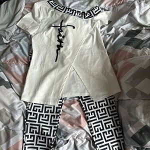 White and black Off Shoulder shirt and Leggings Set